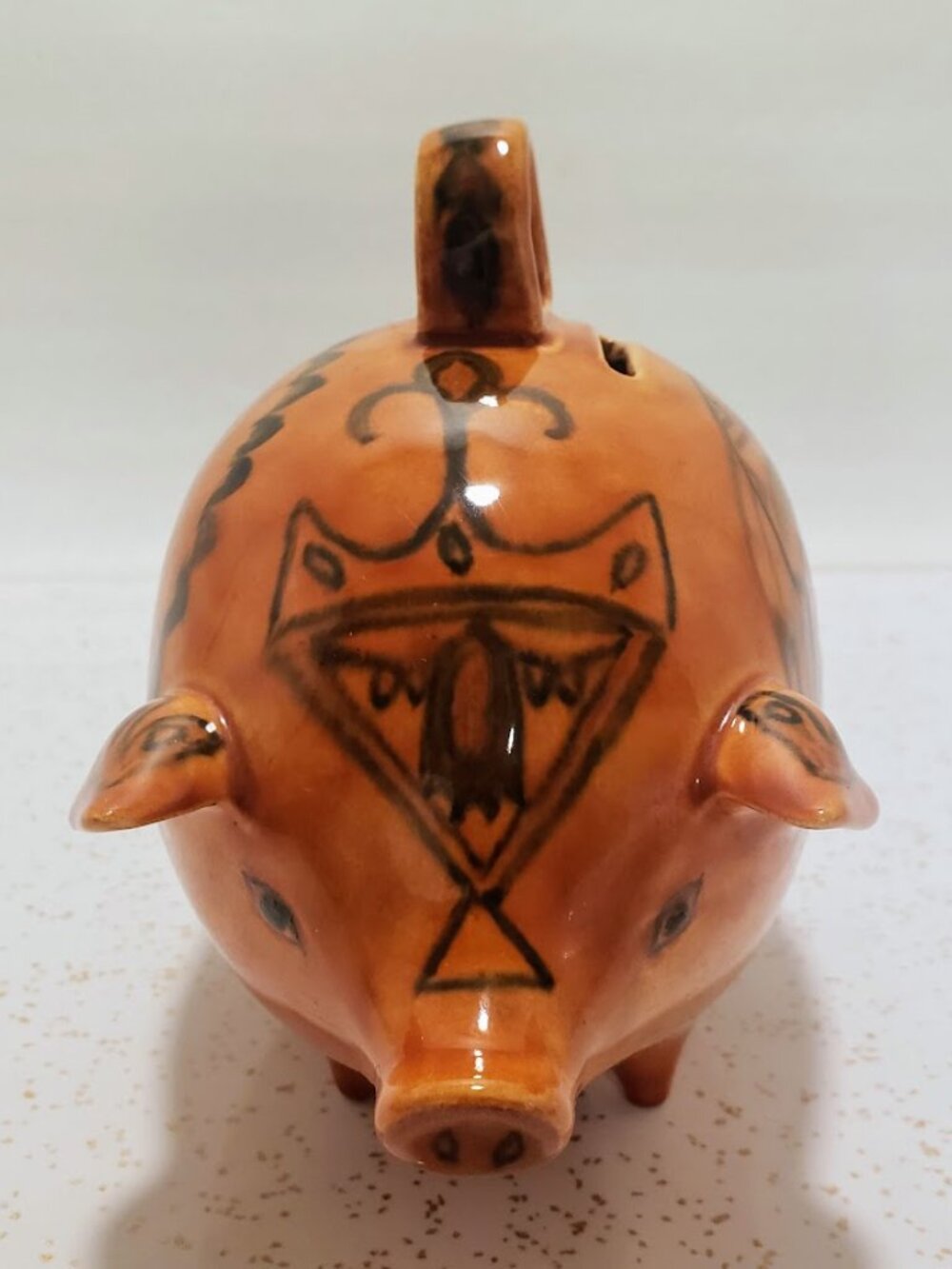 Vtg Piggy Bank 1994 Signed DEW Hand Painted Clay Pottery Folk Art Southwest